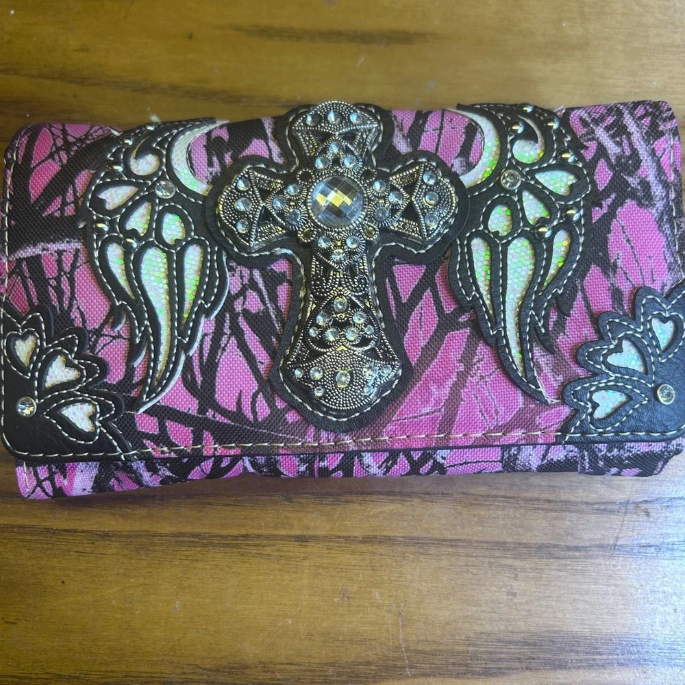 Western Camo deer Crossbody Wallet Pink Canvas Rhinestone Cross Angel Wings Y2K